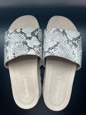 Timberland Women's Snake-Print Slide Sandals in Beige and Black